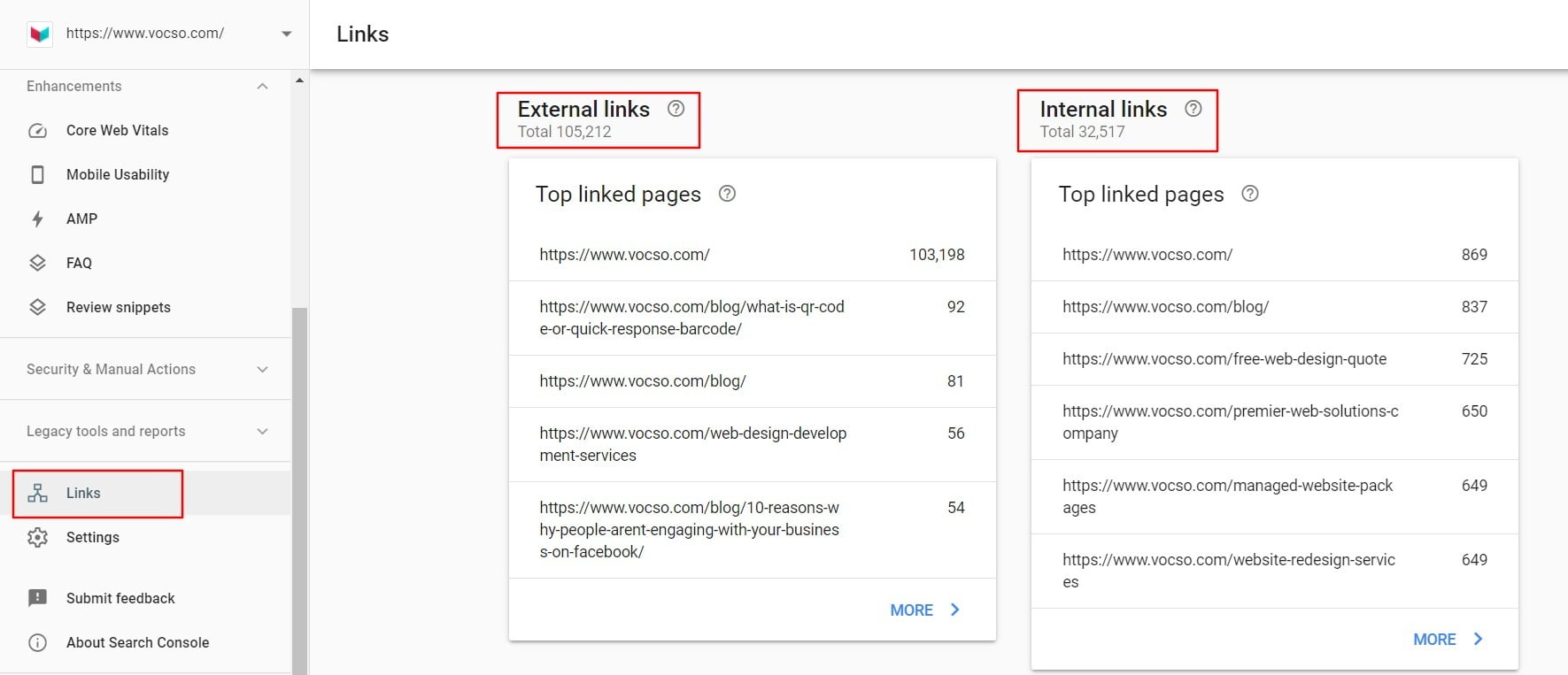 Links report in search console