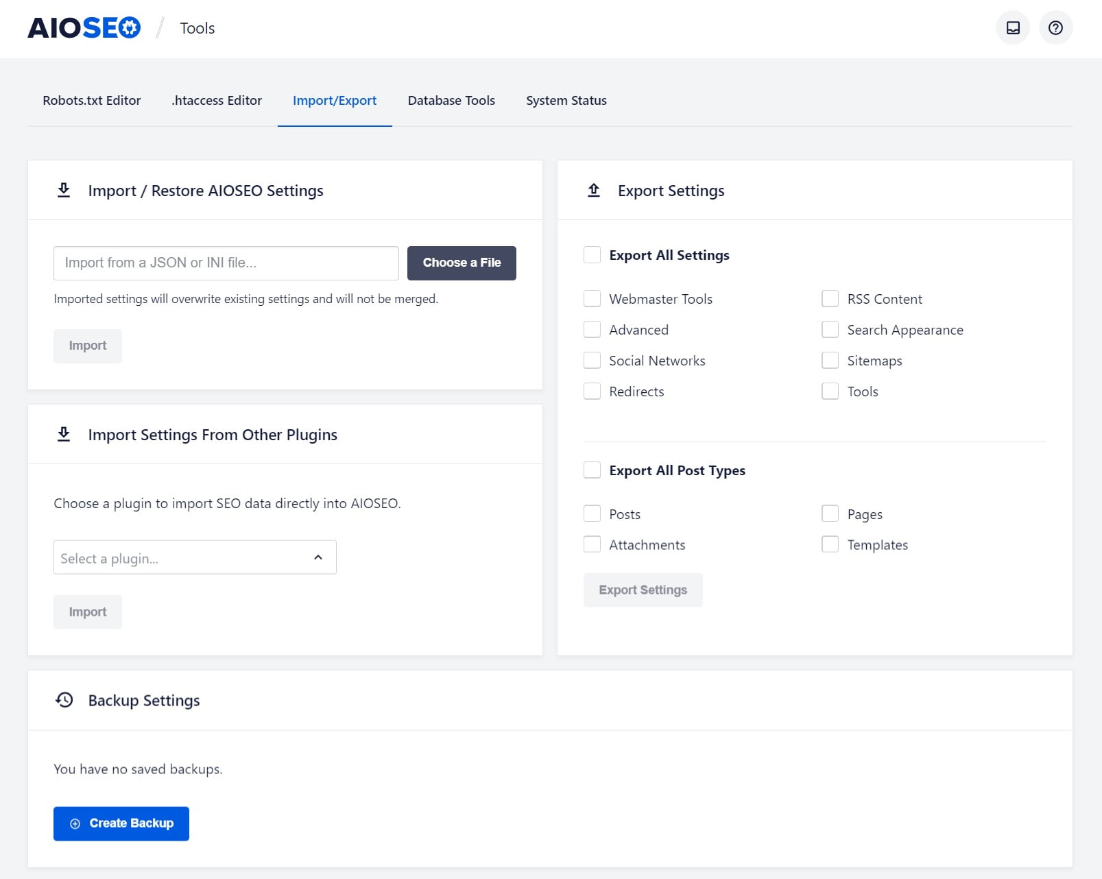 Import Export settings