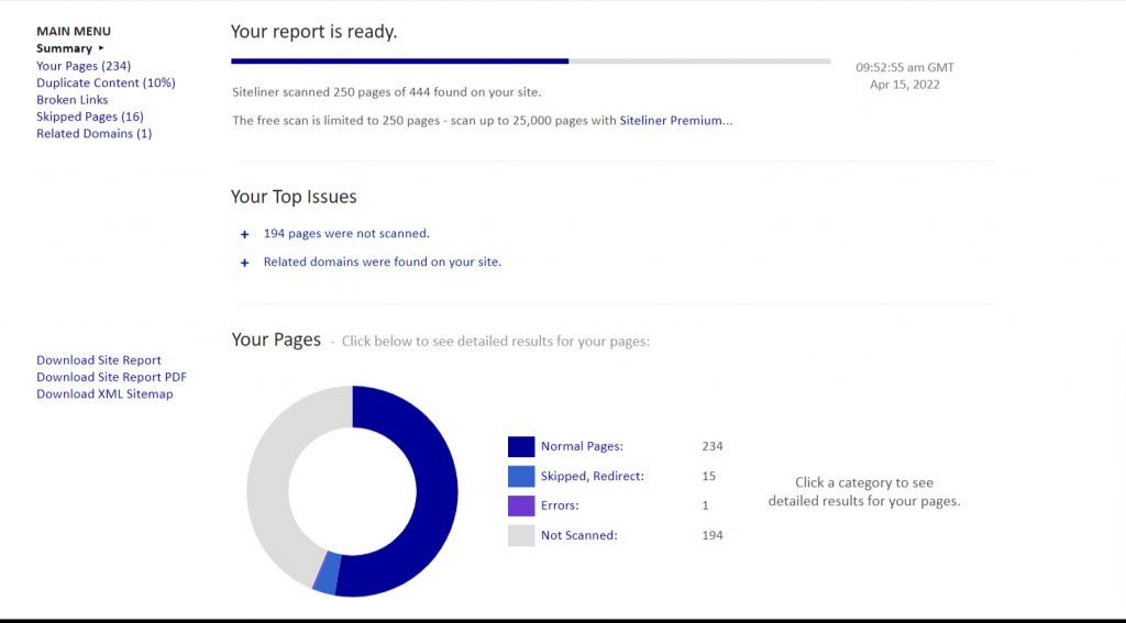 Site Report - Siteliner