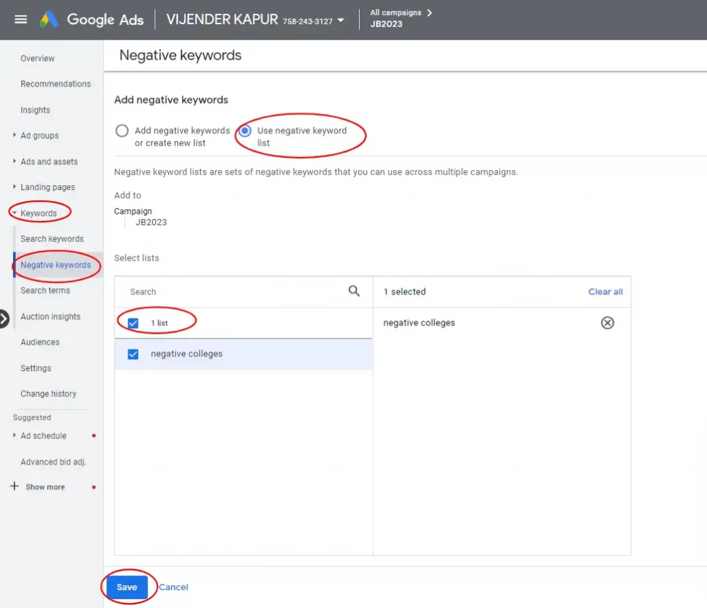 How to add new negative keyword list to your campaigns