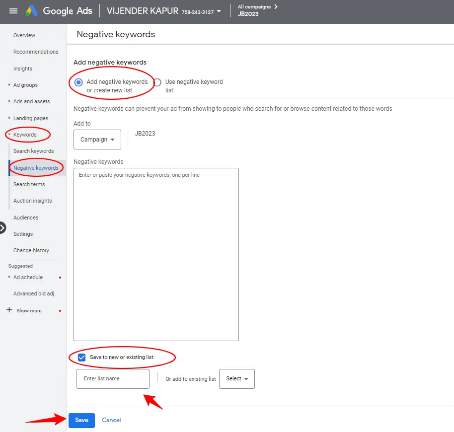 How to create a new negative keywords list