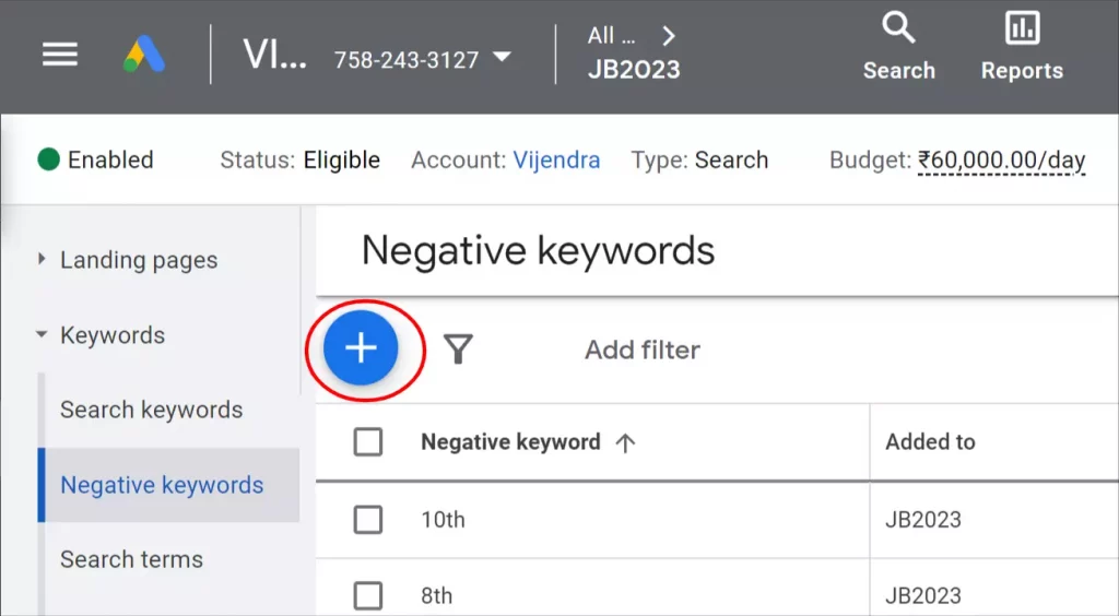 Negative keywords add