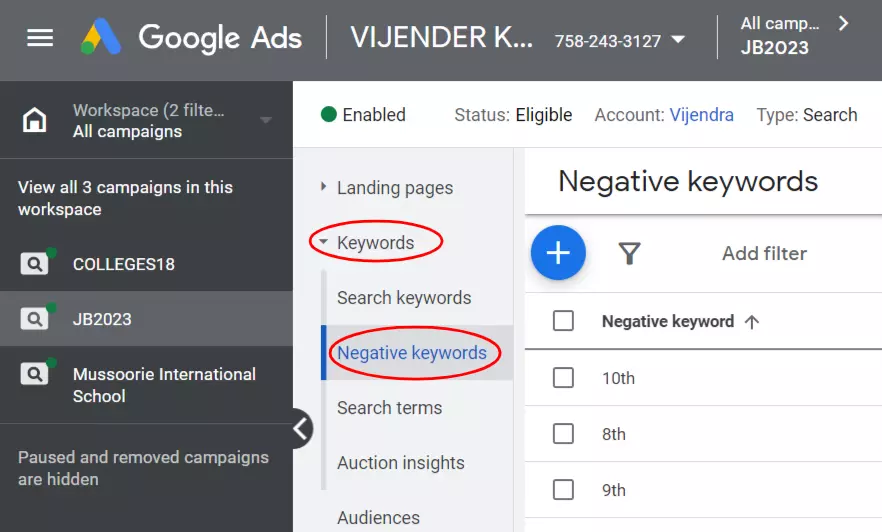 Negative keywords option