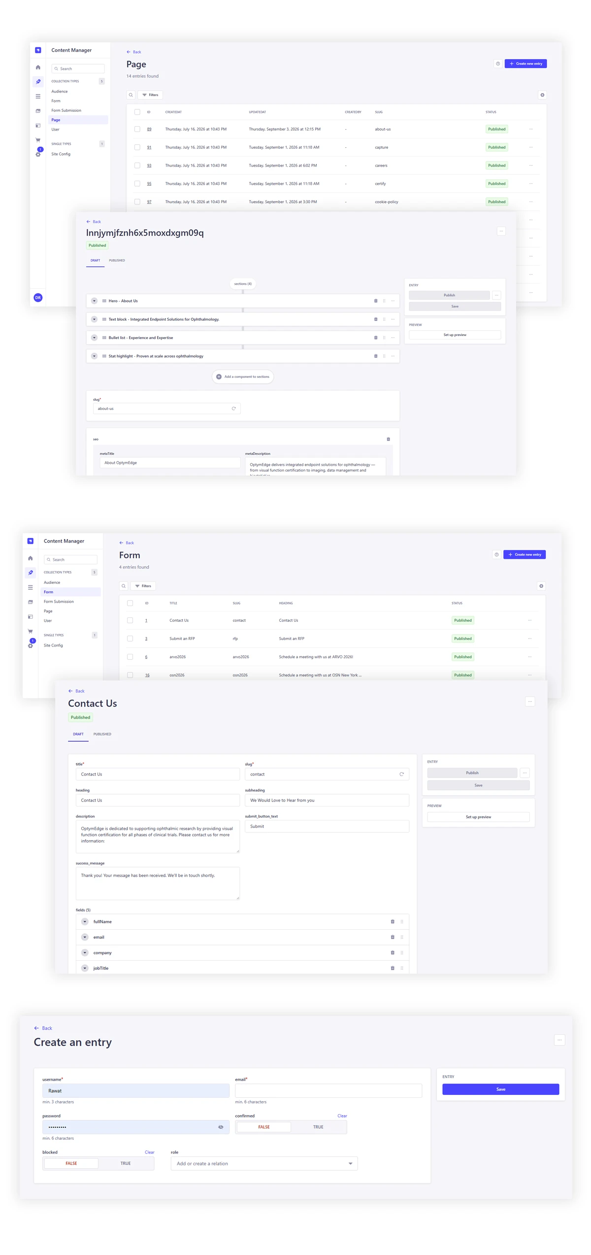 Strapi headless CMS — pages, forms and site content managed from one admin