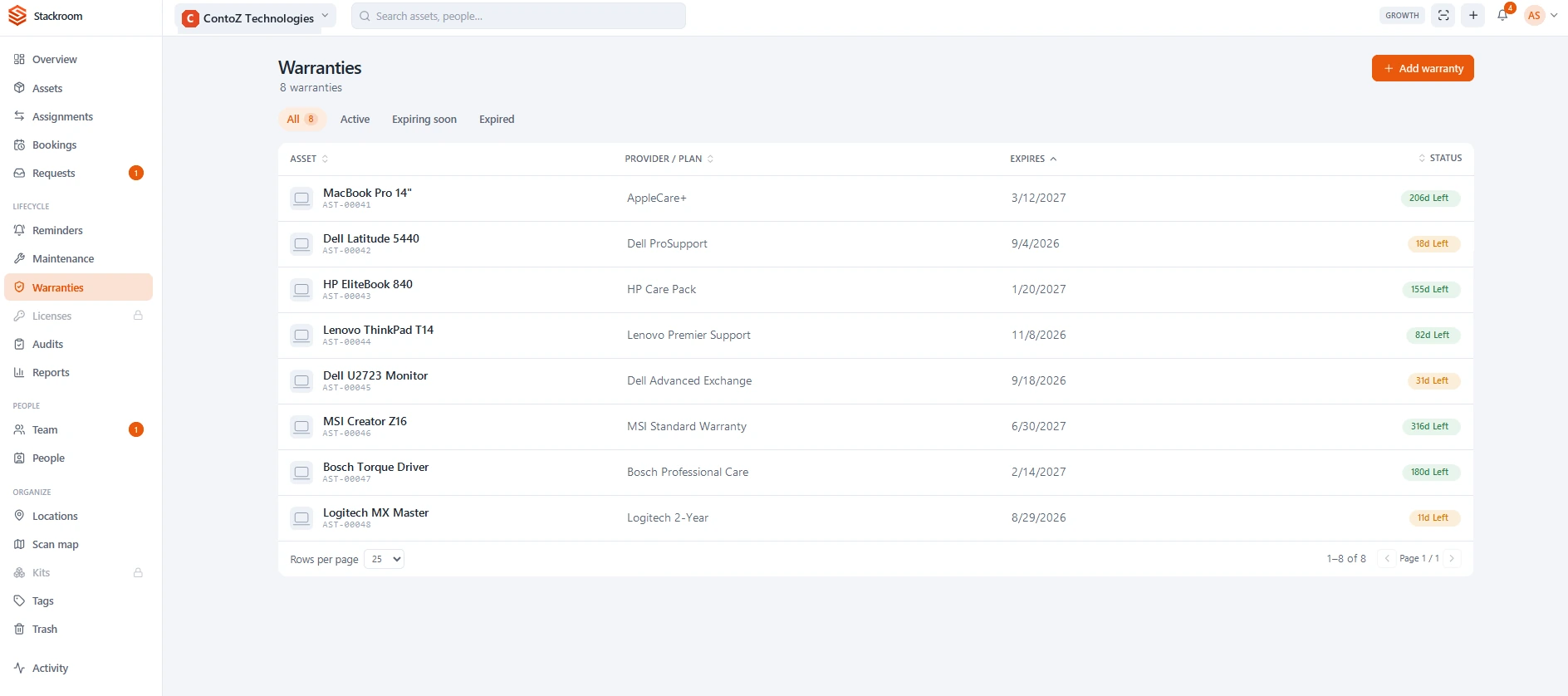 StackRoom warranties board showing provider, plan and days remaining on each asset