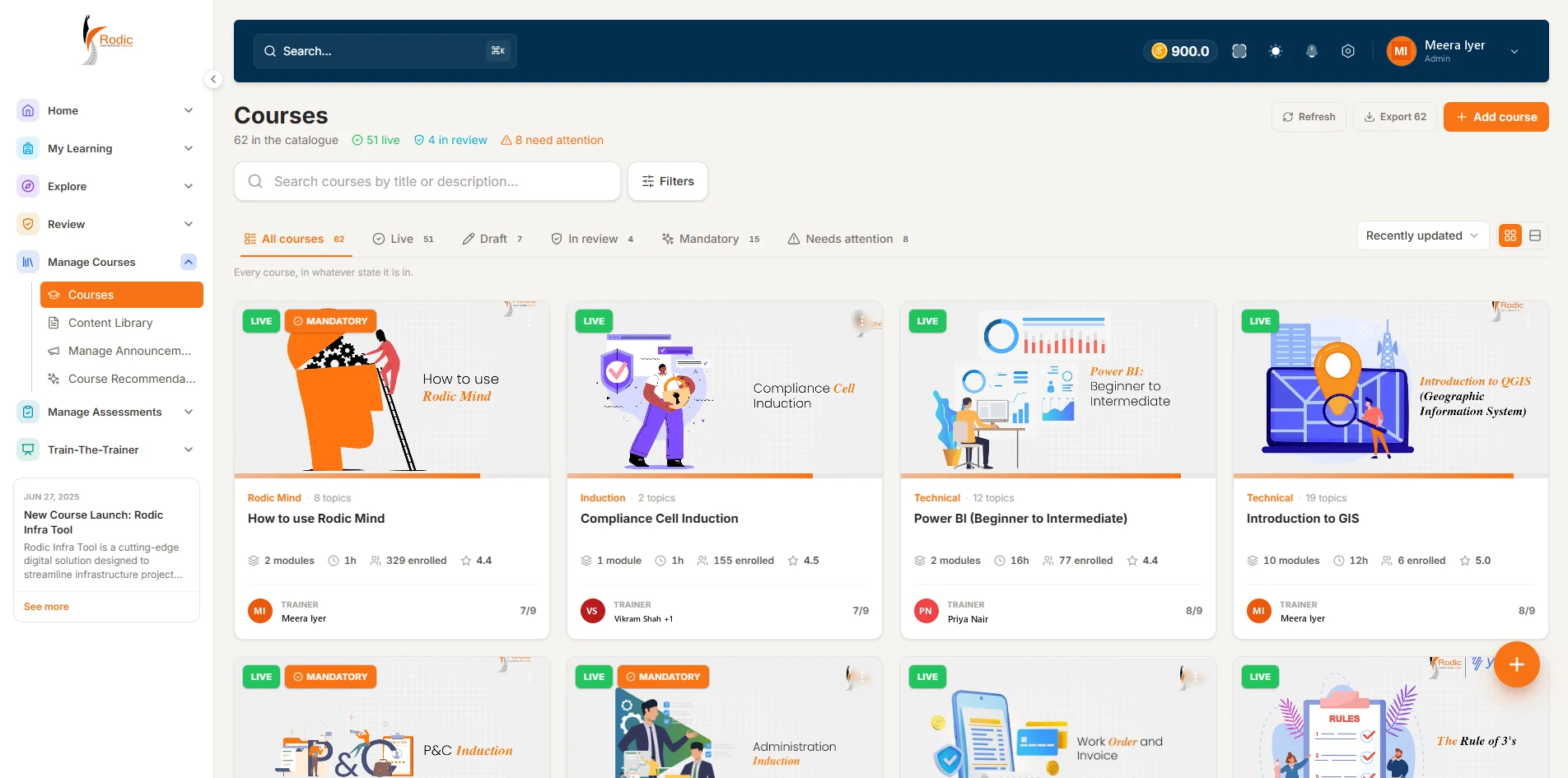 Course catalogue listing every course with its category, module and topic counts, trainer and publish state