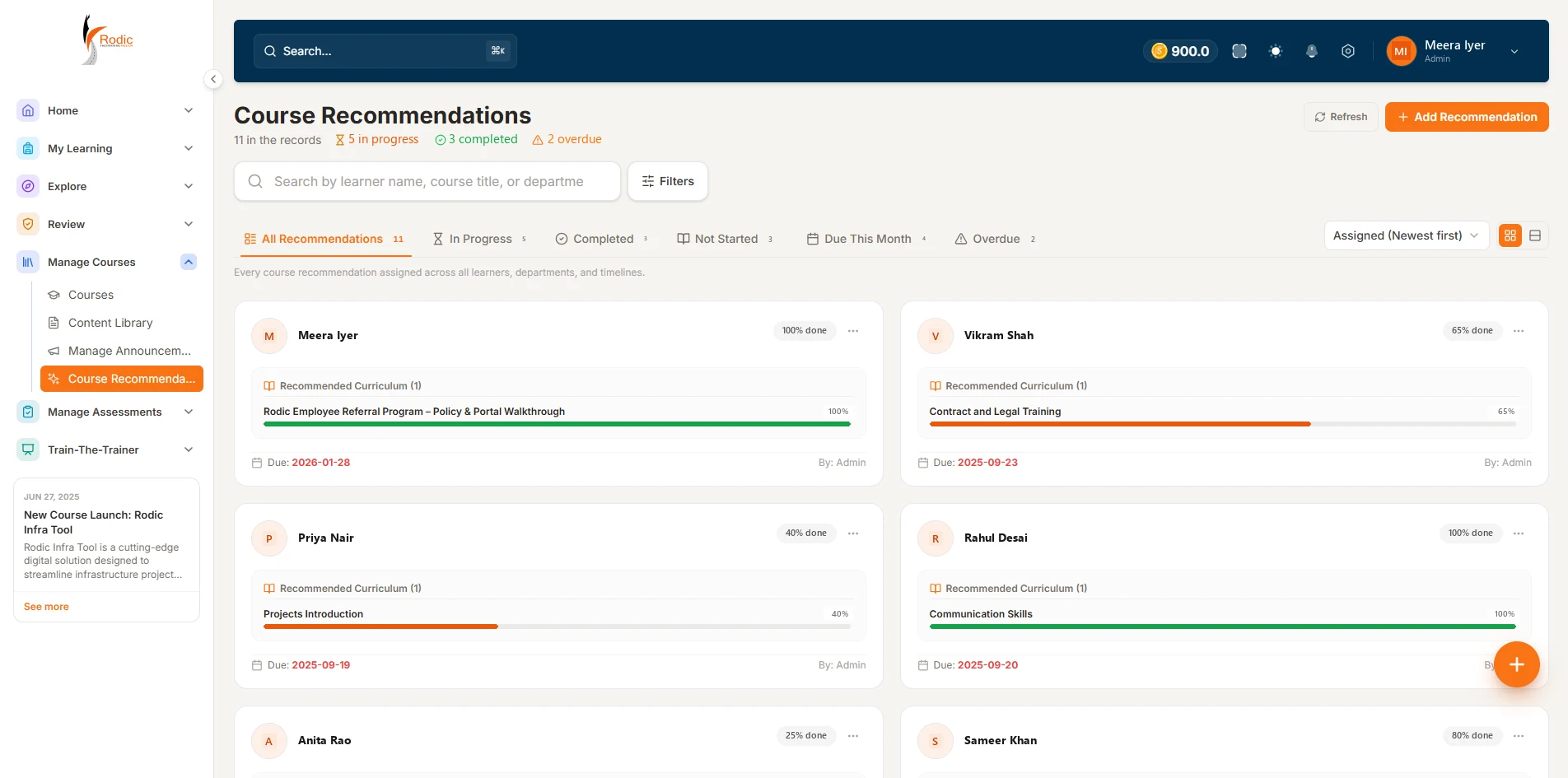Course recommendations assigned across learners, each showing the curriculum, its due date and progress
