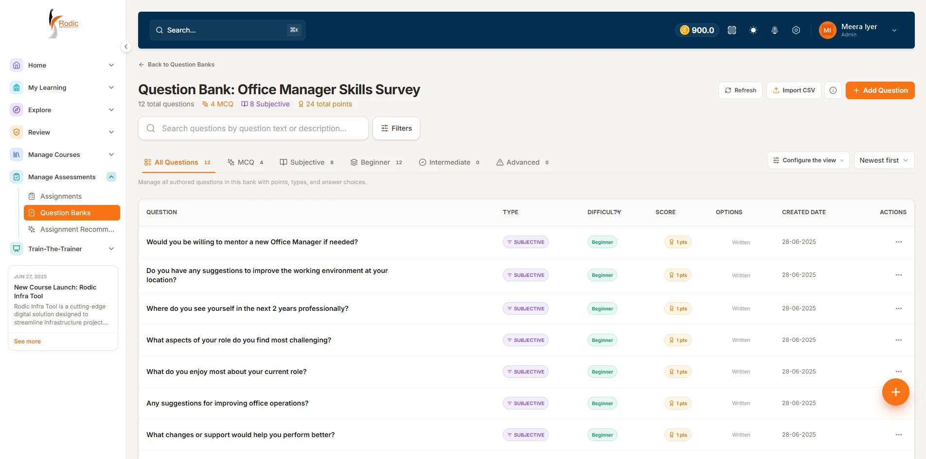 Question bank listing every question with its type, difficulty, score and answer options
