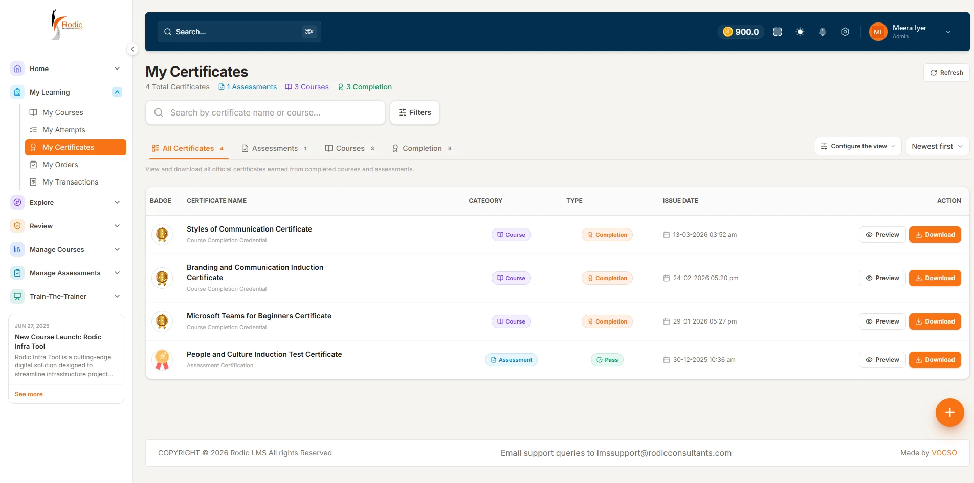 A learner's certificates, each issued on completion and ready to preview or download